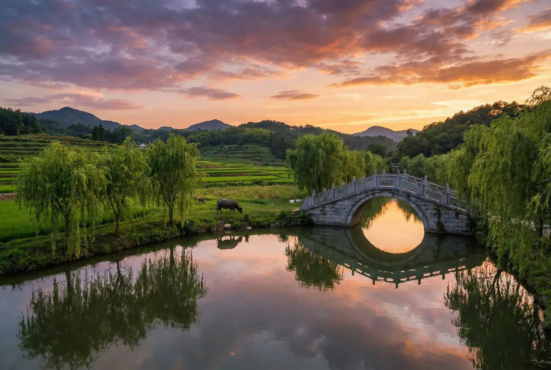 夕阳下的石拱桥与垂柳，水牛在河边吃草 - 青柠影视免费高清在线观看 乡村美景